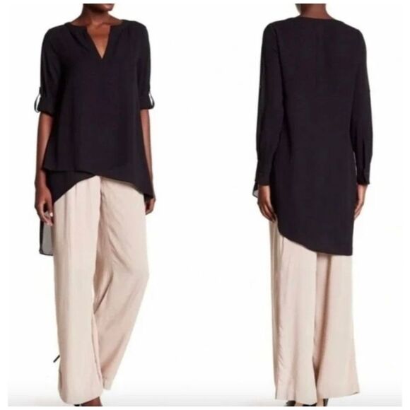 Catherine Malandrino Tops - Catherine Malandrino Black High Low Tunic Blouse Top With Roll Tab Sleeves size